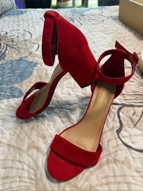 Cityclassified Red Suede Open-Toe Ankle Strap Heels